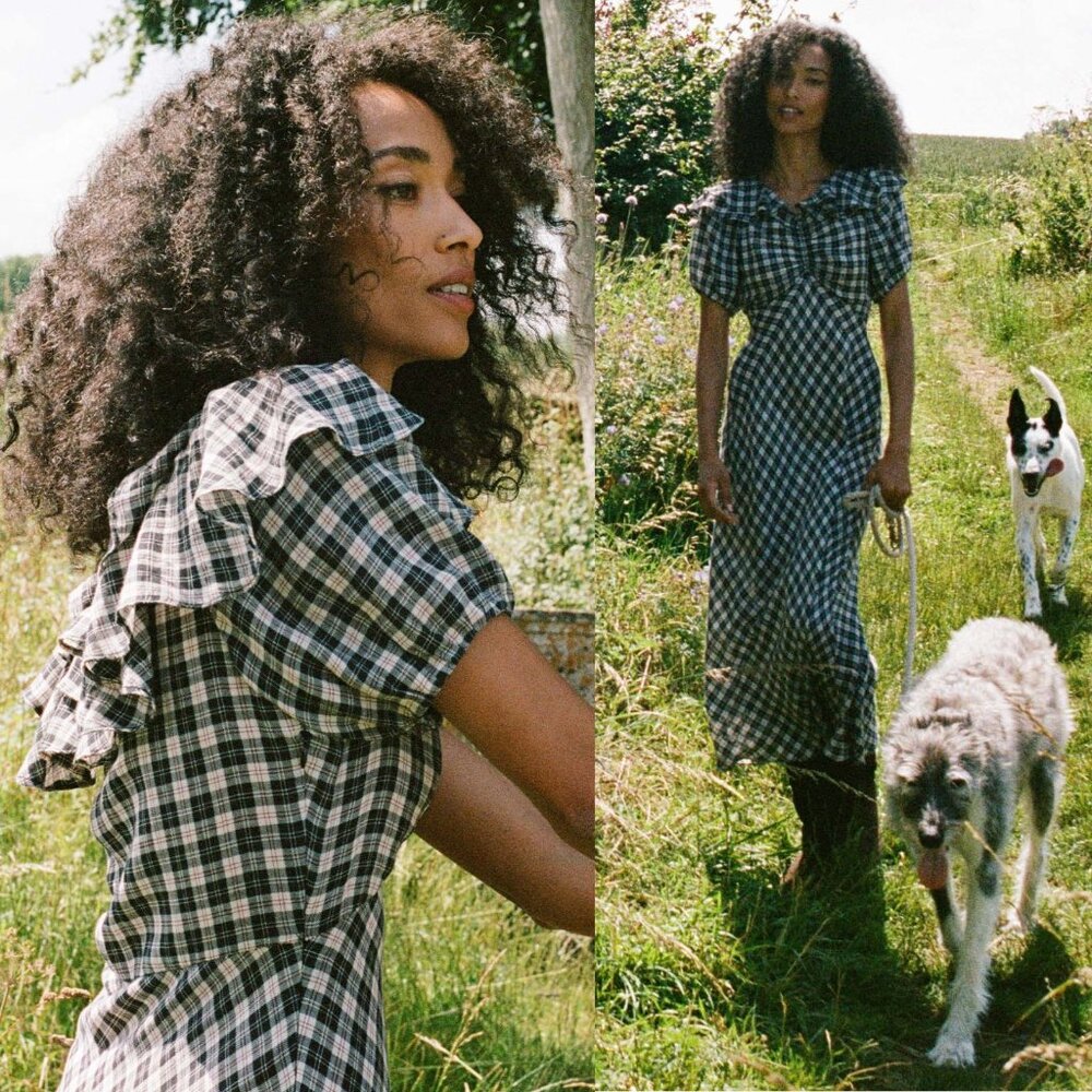 Doen Gwyneira Navy Countryside Plaid Ruffle‎ Cotton Midi Dress Size L - Picture 2 of 9